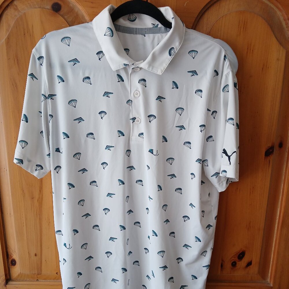 Puma Polo Golf Shirt-Men's Medium-Hangtime Parachute-Bright White/Angel Blue-EUC